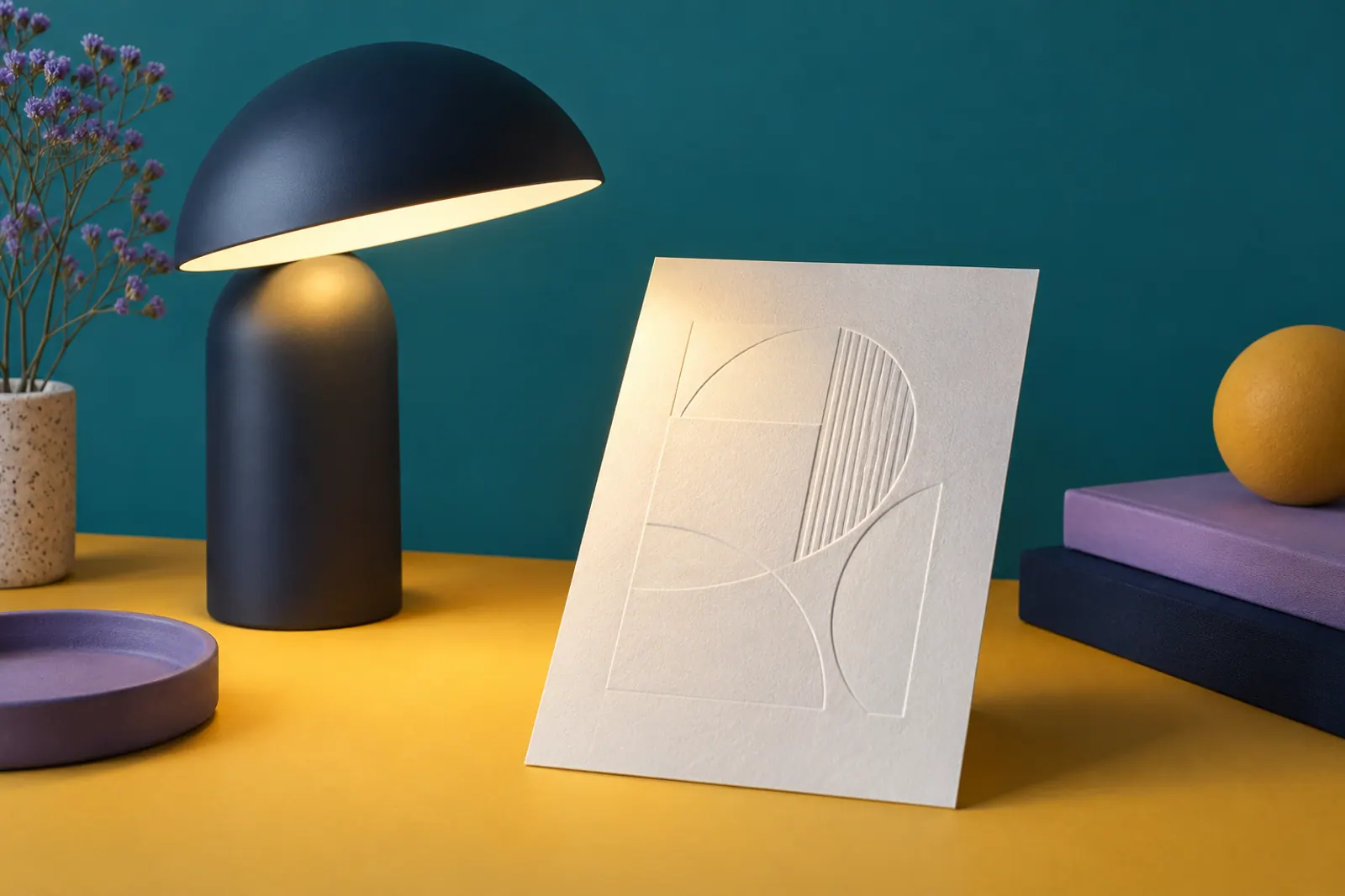 Minimalistyczna lampa stołowa oświetlająca pod kątem kartkę z wytłoczonym geometrycznym wzorem bez liter