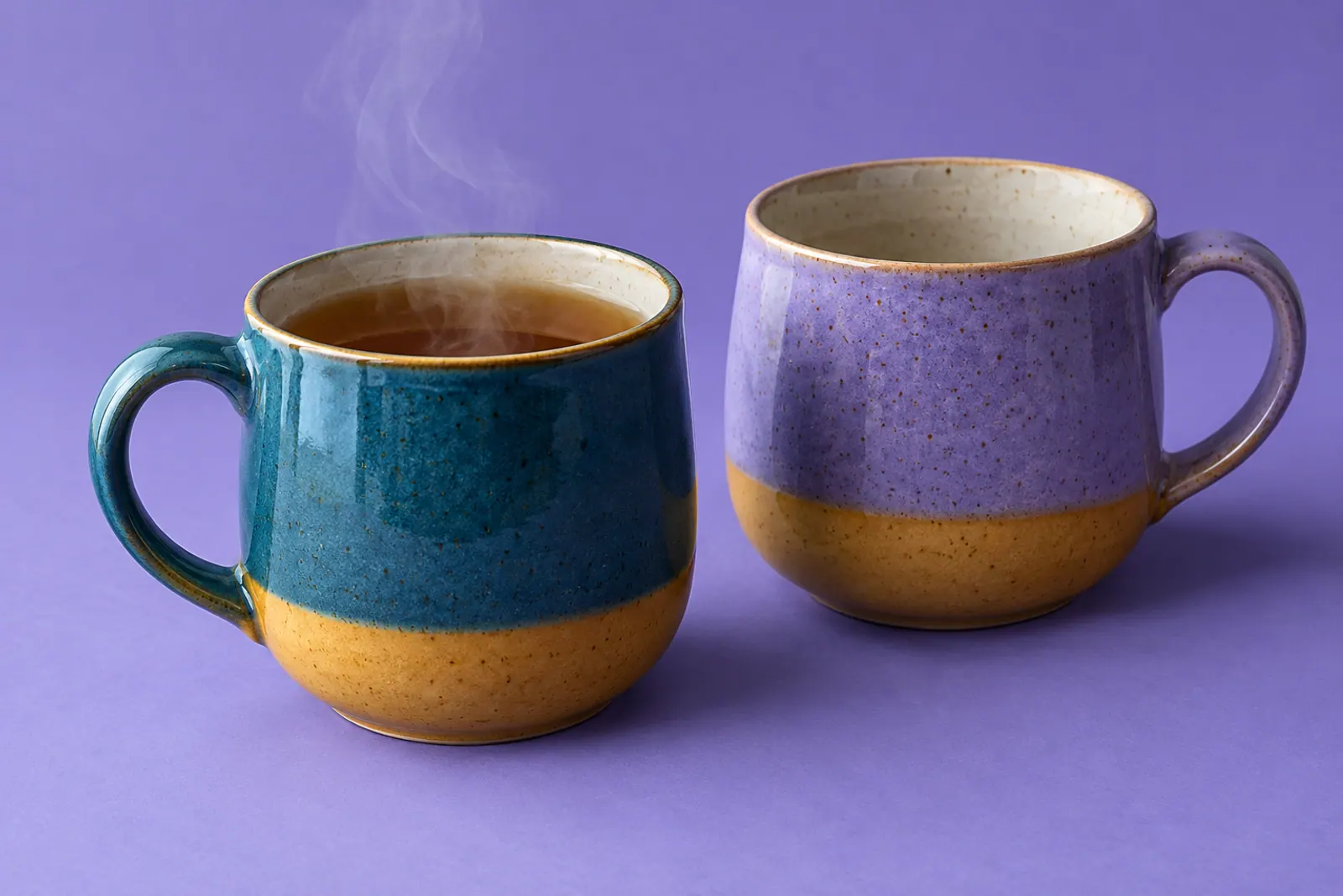 Dwa ceramiczne kubki, jeden z parującą herbatą i drugi pusty, na lawendowym papierze