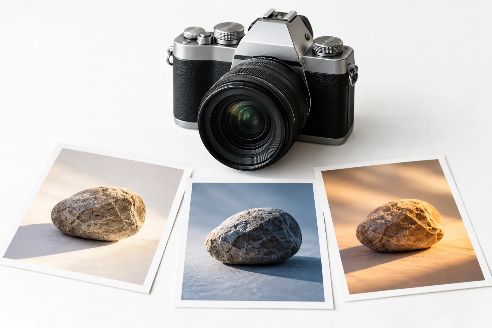 Aparat fotograficzny bez logo i trzy odbitki przedstawiające ten sam prosty kamień w różnym świetle, na białym tle